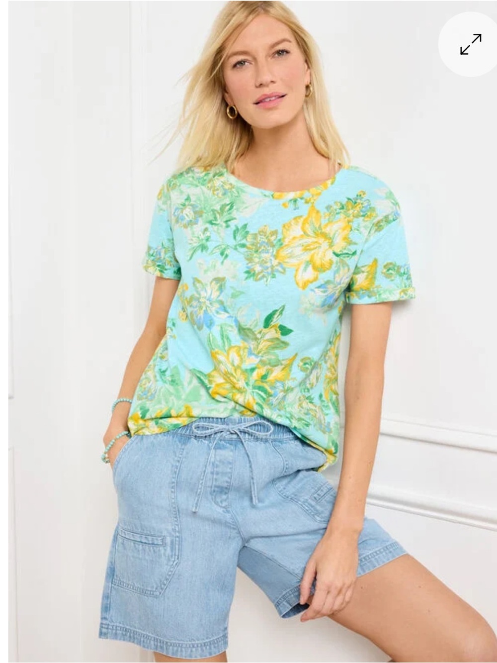Talbots Roll Cuff Crewneck Tee Dynamic Floral Linen/Cotton Aqua/Yellow Small